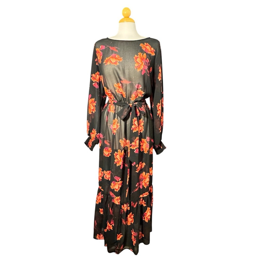 Ava & Viv Sheer Black and Red Floral Long Sleeve Dress